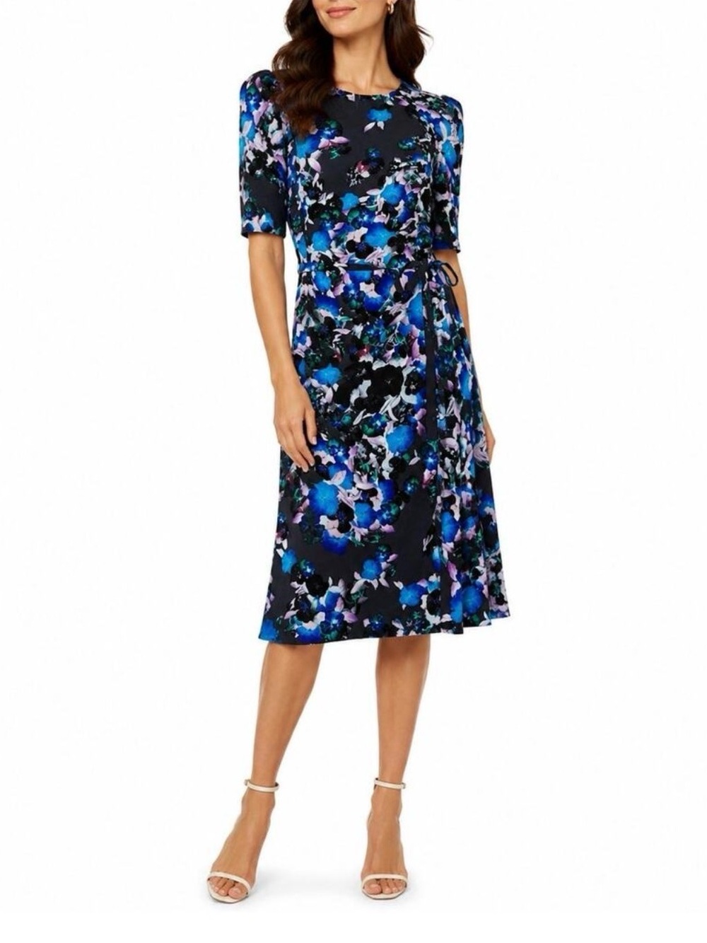 L.K. Bennett 100% Silk Cobalt Blue Floral Midi Dress Puff Sleeves Size 2 NWT